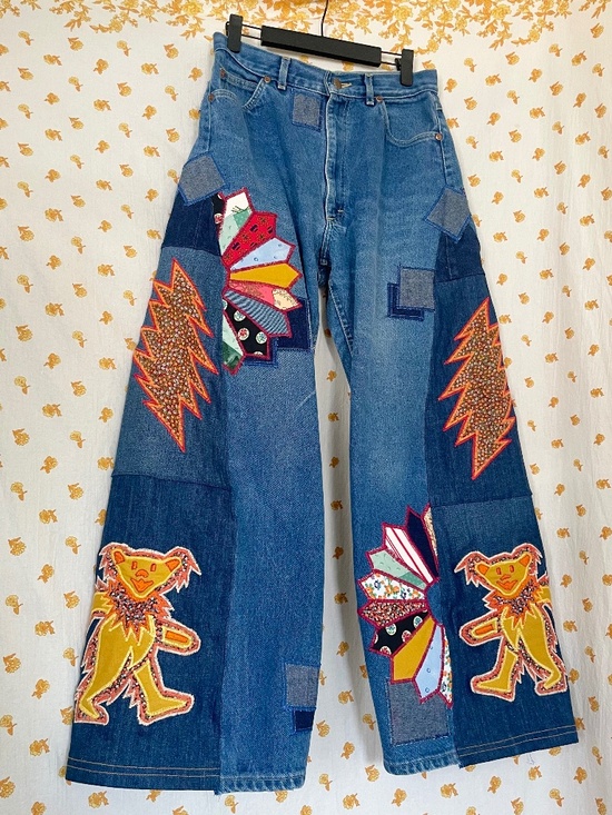 Lee Denim - Vintage Lee Upcycled Patchwork Jeans 12P OOAK 70s Hippie Wide Leg